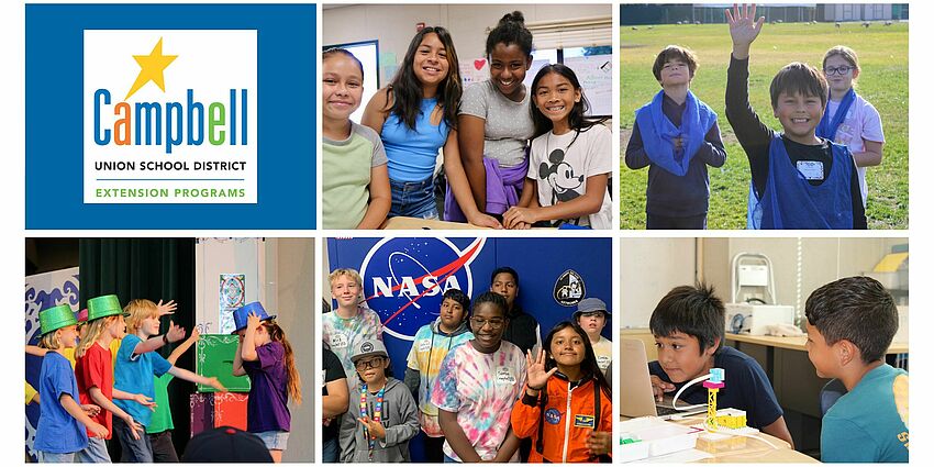 collage of smiling students in different activities, such as performing in a play, playing soccer, working with legos and more