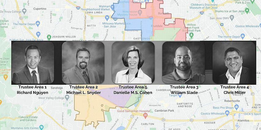 Five head shot photos--one of each board member with name and trustee area—in black and white, and the background is a colorful map of the district boundaries.